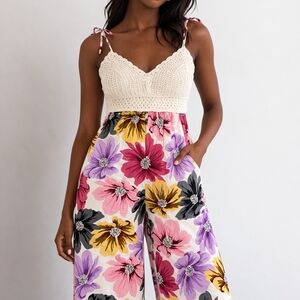 Crochet-Bodice Floral Wide-Leg Jumpsuit - Cream & Multi